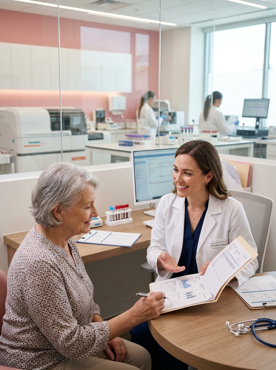 Physician reviewing laboratory diagnostic test findings with patient in clinic